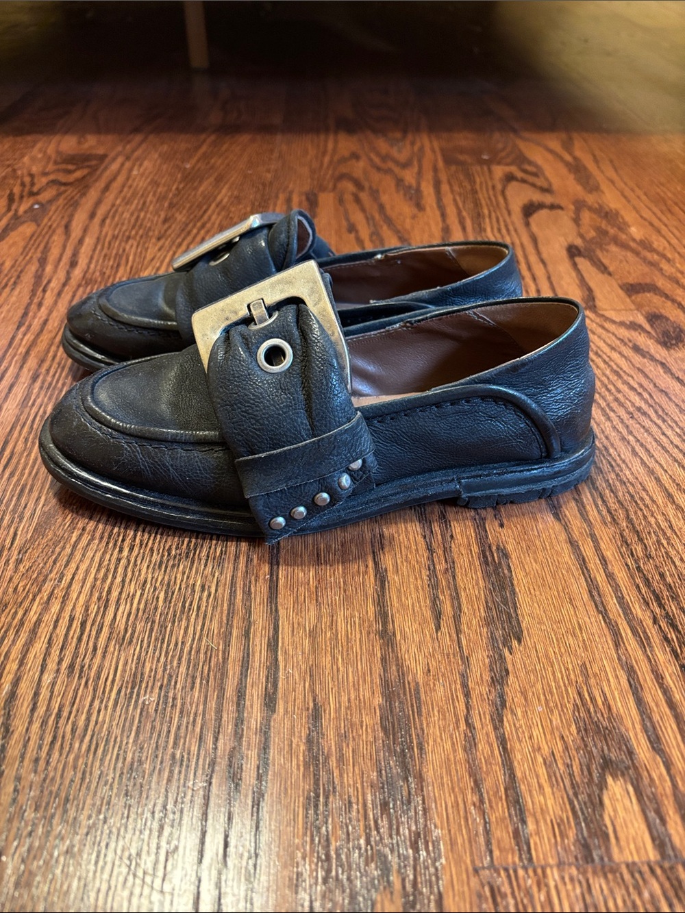 A.S.98 Black Leather Loafers with Silver Buckle